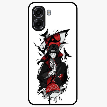 Itachi Sharingan Glass Case showing flat back view with powerful anime eye artwork and glossy glass finish.