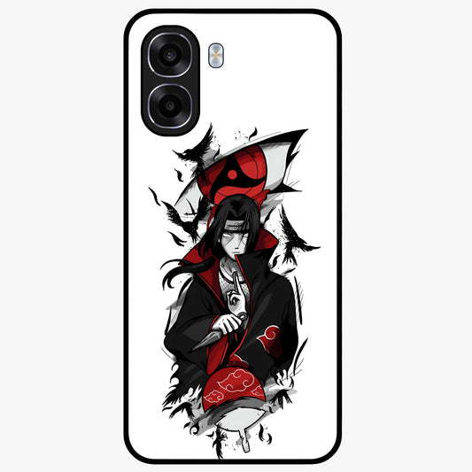 Itachi Sharingan Glass Case showing flat back view with powerful anime eye artwork and glossy glass finish.