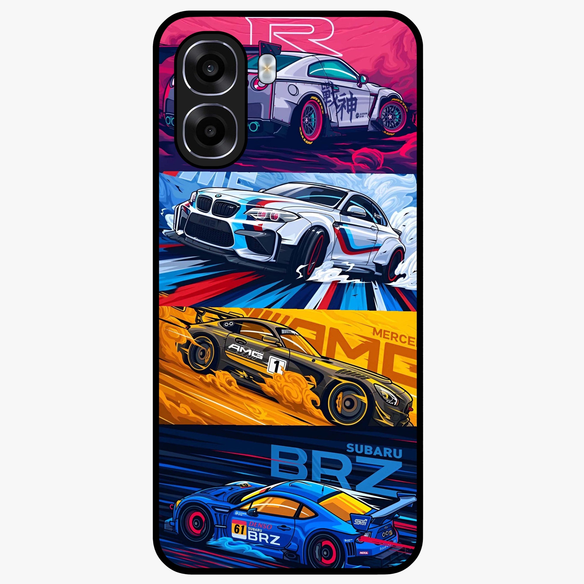JDM Sports Car Glass Case showing flat back view with high performance sports car artwork and glossy glass finish.
