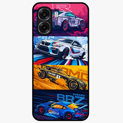 JDM Sports Car Glass Case showing flat back view with high performance sports car artwork and glossy glass finish.