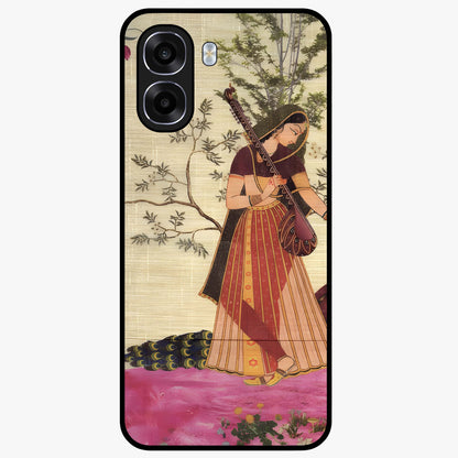 Lady With Veena Art Glass Case showing flat back view with elegant woman playing veena artwork and glossy glass finish.