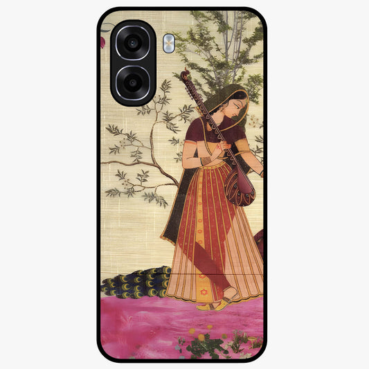 Lady With Veena Art Glass Case showing flat back view with elegant woman playing veena artwork and glossy glass finish.