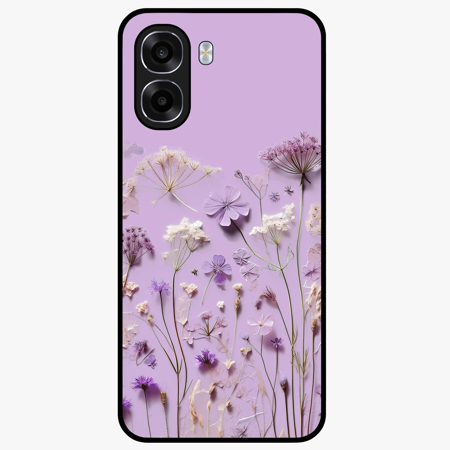 Lavender Blossom Dream Glass Case showing flat back view with soft lavender floral artwork and glossy glass finish.