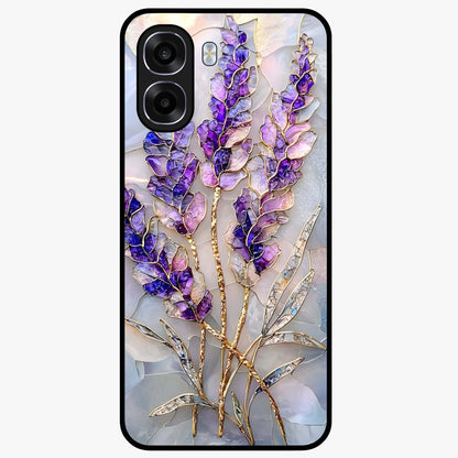 Lavender Dream Glow Glass Case showing flat back view with glowing lavender aesthetic artwork and glossy glass finish.