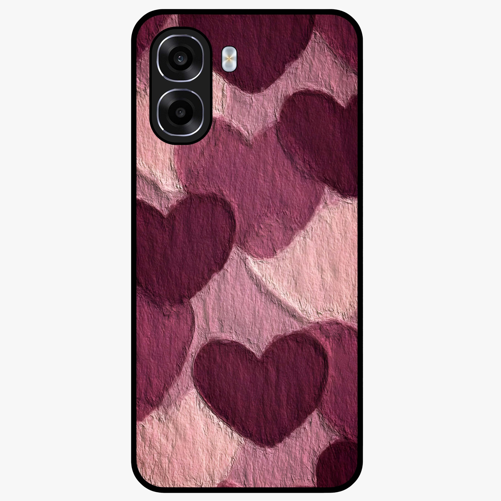 Layered Paper Hearts Glass Case showing flat back view with layered paper heart artwork and glossy glass finish.