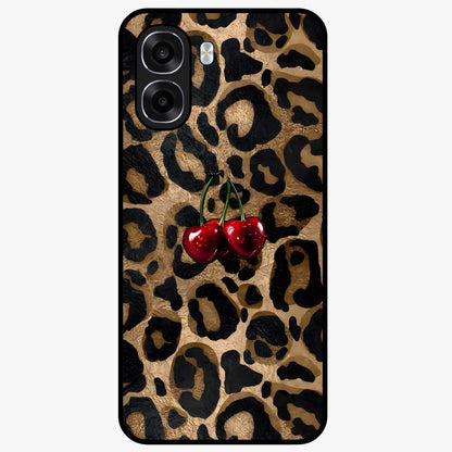 Leopard Wild Cherry Glass Case showing flat back view with leopard pattern and cherry artwork and glossy glass finish.