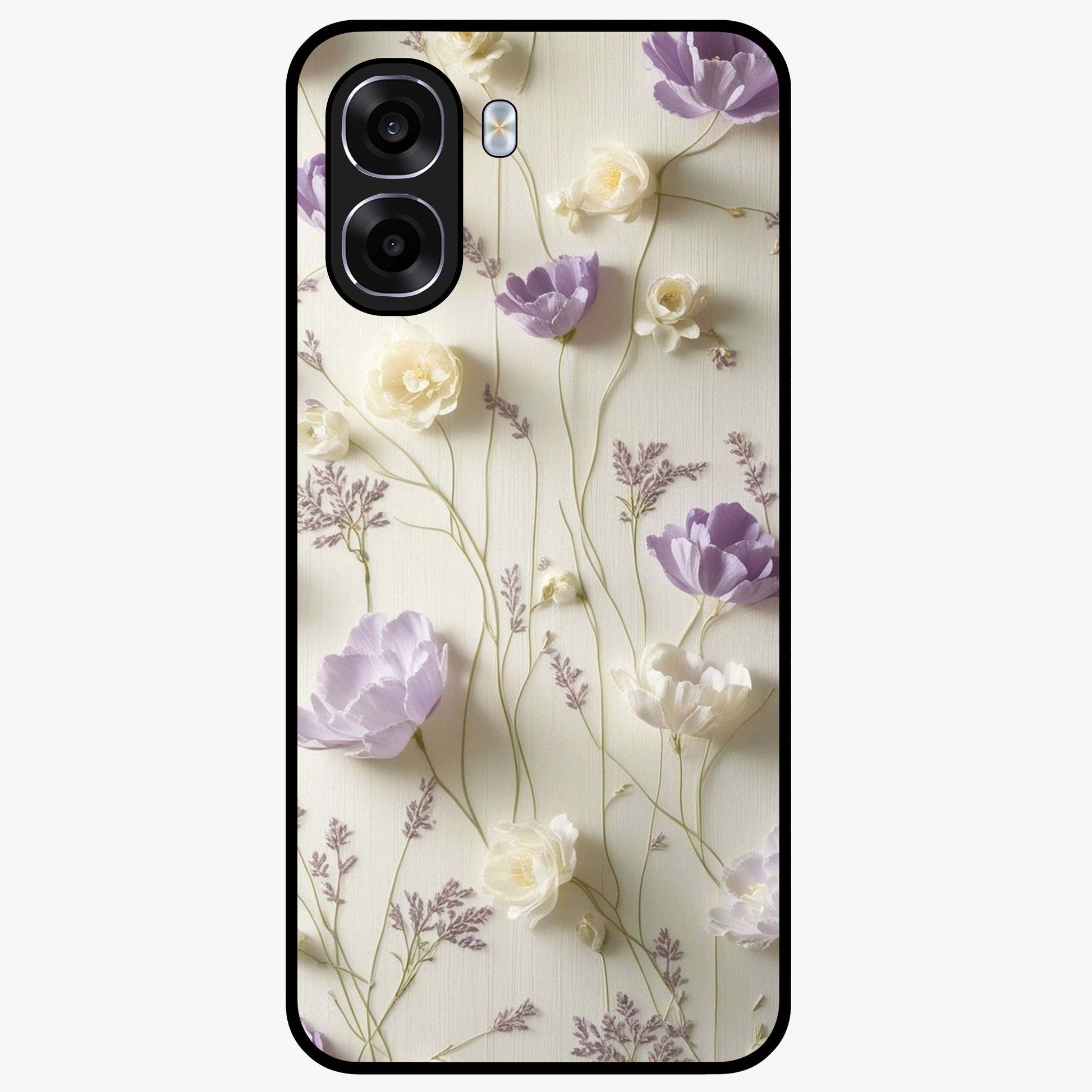 Lilac Breeze Harmony Glass Case showing flat back view with soft lilac themed artwork and glossy glass finish.