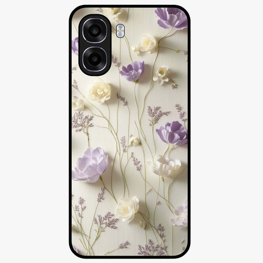 Lilac Breeze Harmony Glass Case showing flat back view with soft lilac themed artwork and glossy glass finish.