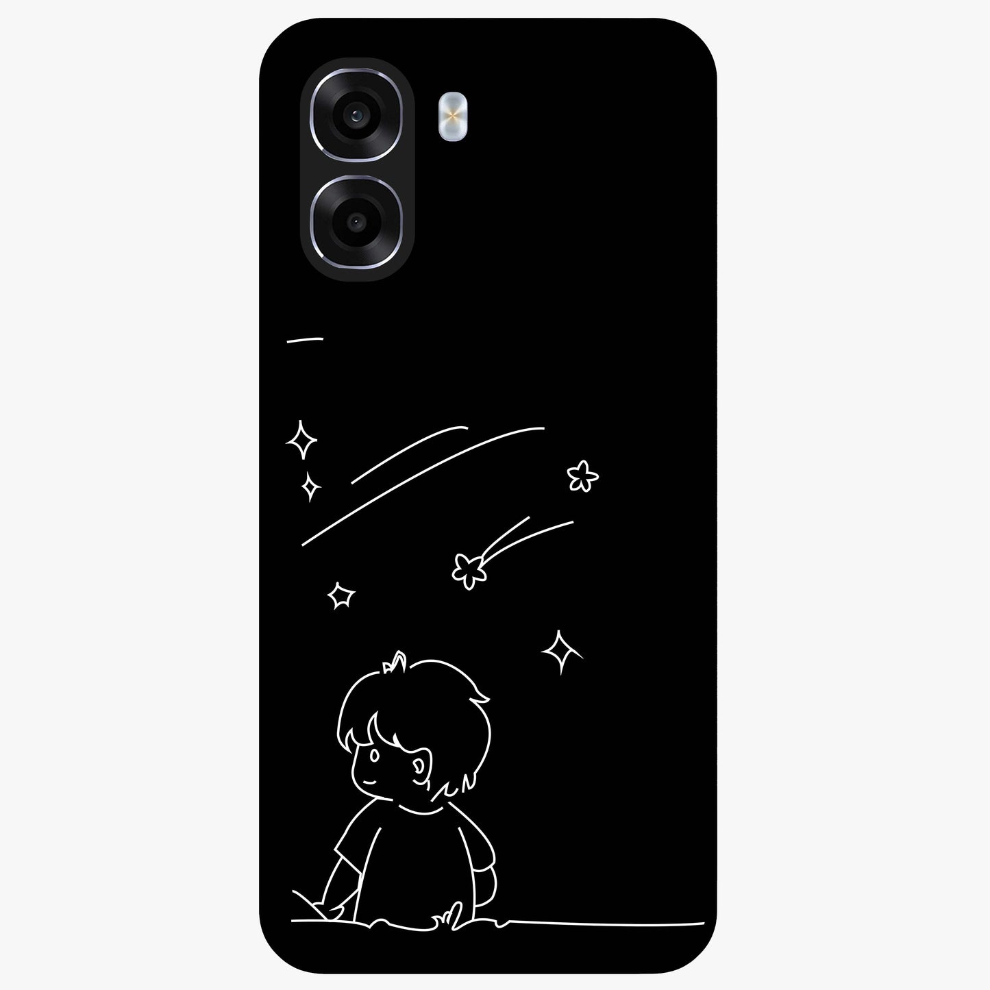 Line Art Boy With Shooting Stars Glass Case showing flat back view with minimal line art boy and shooting stars illustration and glossy glass finish.