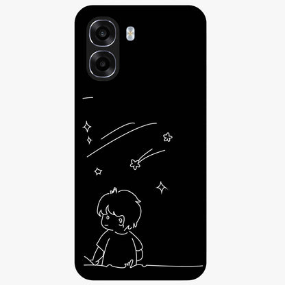 Line Art Boy With Shooting Stars Glass Case showing flat back view with minimal line art boy and shooting stars illustration and glossy glass finish.