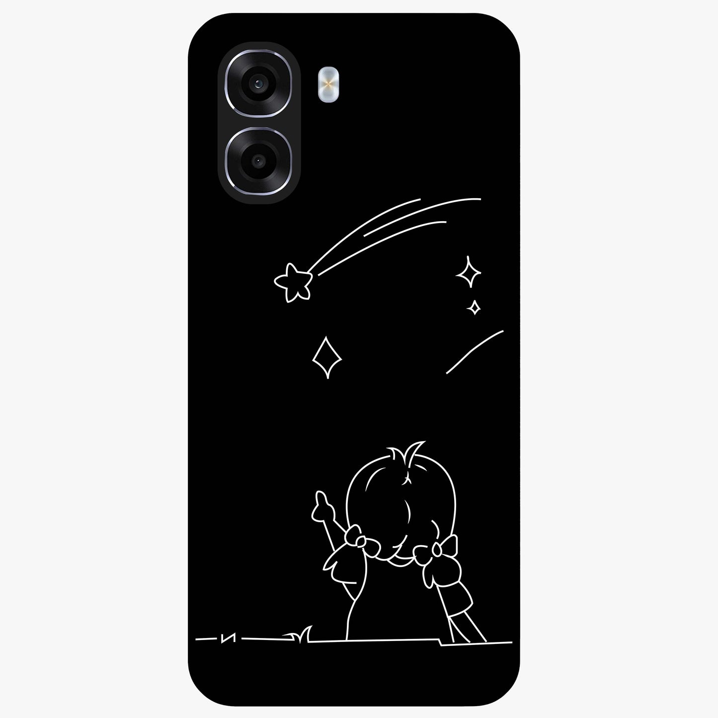 Line Art Girl With Shooting Stars Glass Case showing flat back view with minimal line art girl and shooting stars illustration and glossy glass finish.