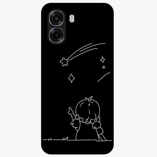 Line Art Girl With Shooting Stars Glass Case showing flat back view with minimal line art girl and shooting stars illustration and glossy glass finish.