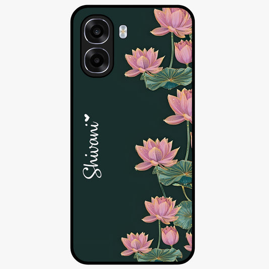 Lotus Bloom Serenity Custom Name Glass Case showing flat back view with elegant lotus flower artwork and personalized name design.