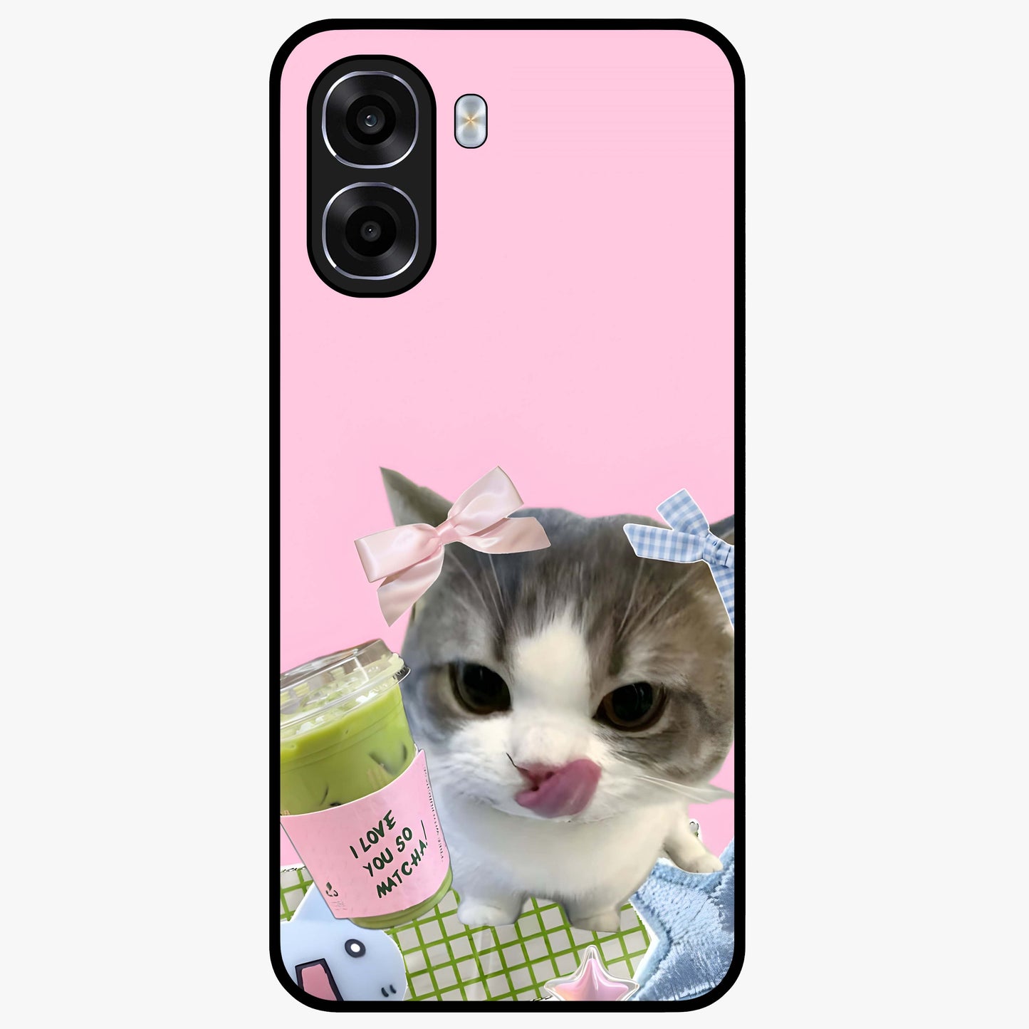 Love Matcha Cat Glass Case showing flat back view with cute cat and matcha themed artwork and glossy glass finish.