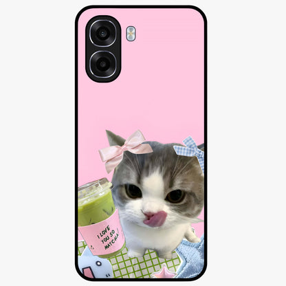 Love Matcha Cat Glass Case showing flat back view with cute cat and matcha themed artwork and glossy glass finish.