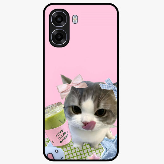 Love Matcha Cat Glass Case showing flat back view with cute cat and matcha themed artwork and glossy glass finish.
