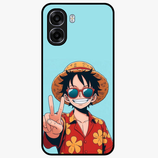 Luffy Summer Anime Vibe Glass Case showing flat back view with vibrant anime character artwork and glossy glass finish.