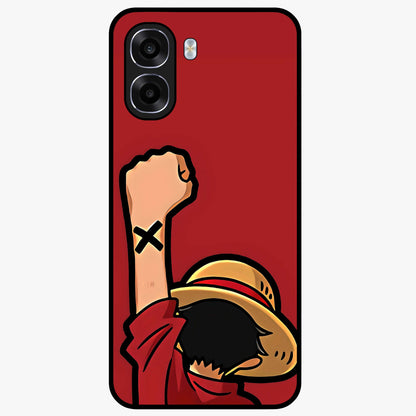 Luffy X Spirit Glass Case showing flat back view with bold anime character artwork and glossy glass finish.