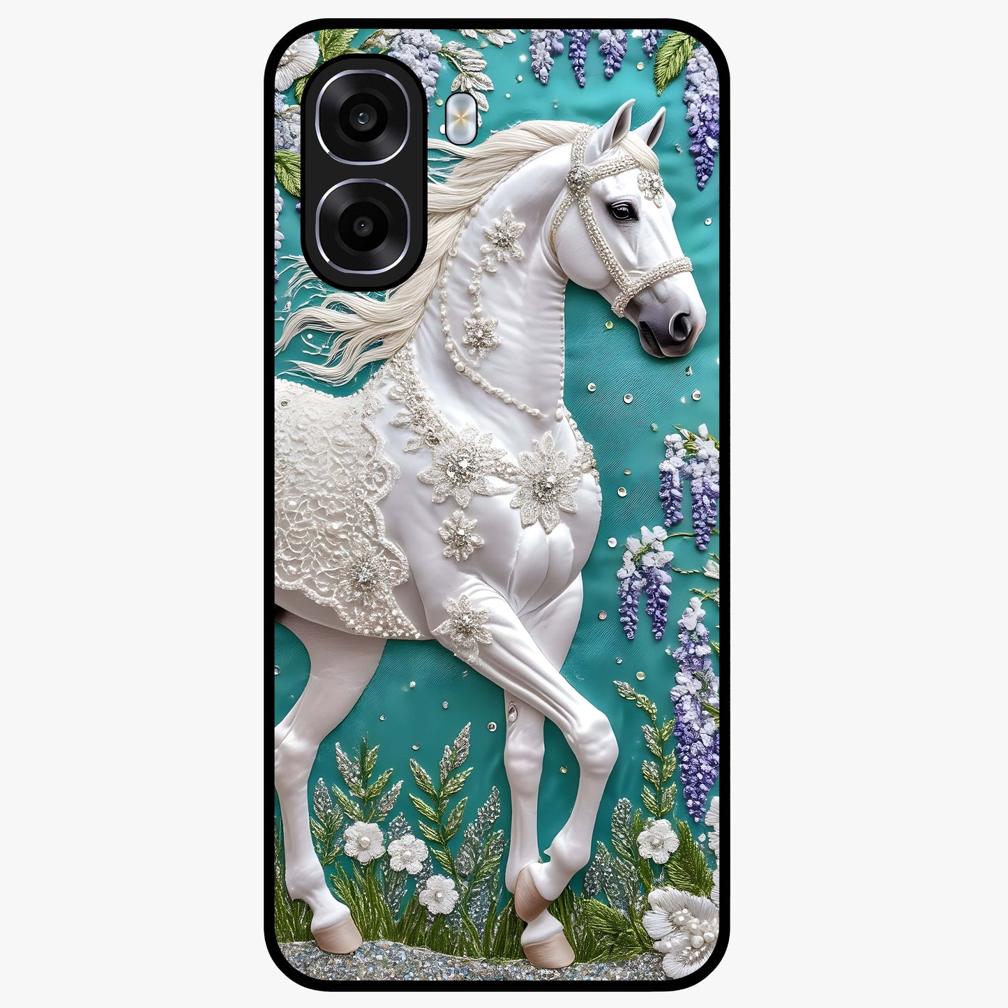 Majestic Floral Stallion Glass Case showing flat back view with powerful horse and floral artwork and glossy glass finish.
