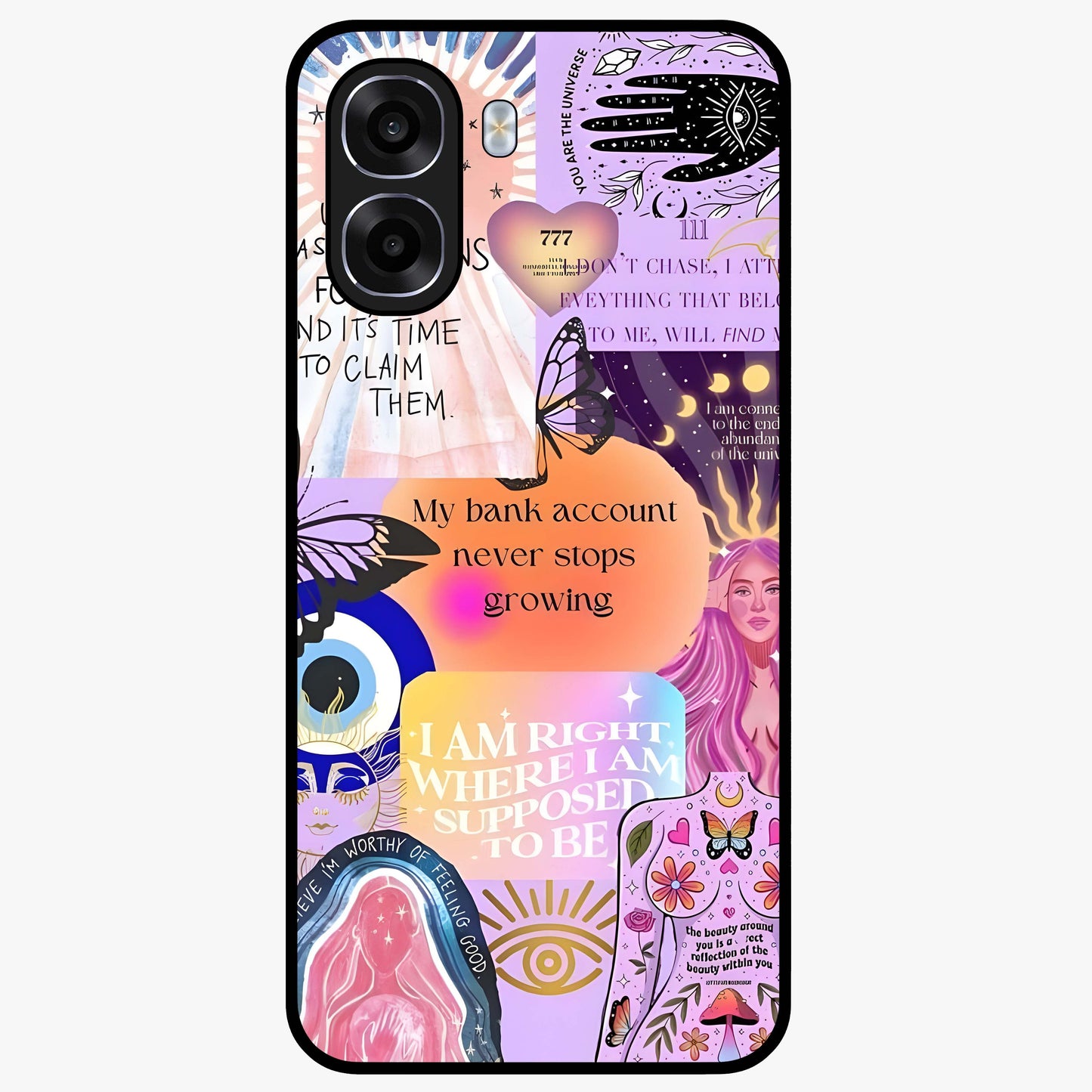 Manifestation Collage Glass Case showing flat back view with motivational collage artwork and glossy glass finish.