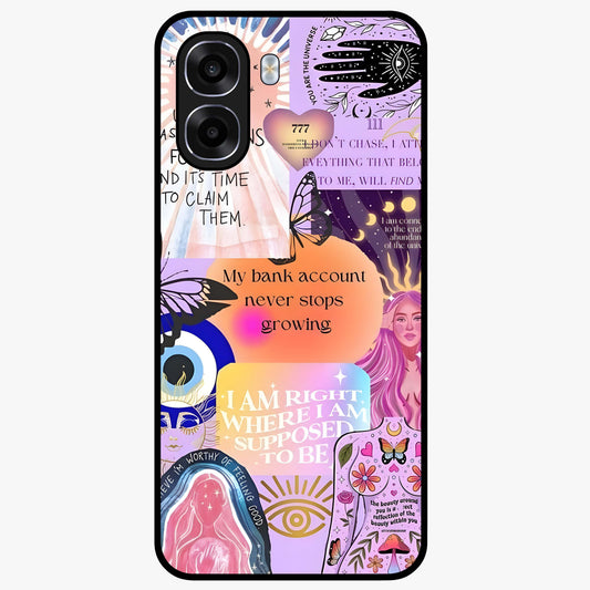 Manifestation Collage Glass Case showing flat back view with motivational collage artwork and glossy glass finish.
