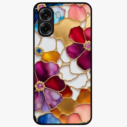 Marble Flower Pattern Glass Case showing flat back view with marble texture floral artwork and glossy glass finish.