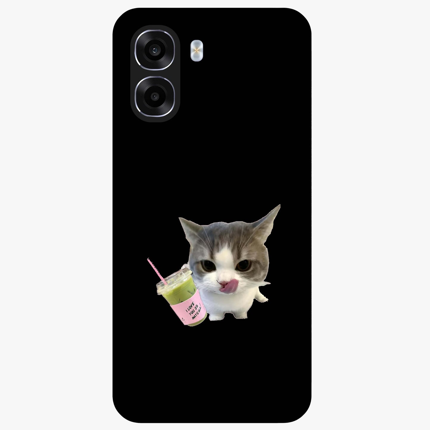 Matcha Cat Style Glass Case showing flat back view with cute matcha themed cat artwork and glossy glass finish.
