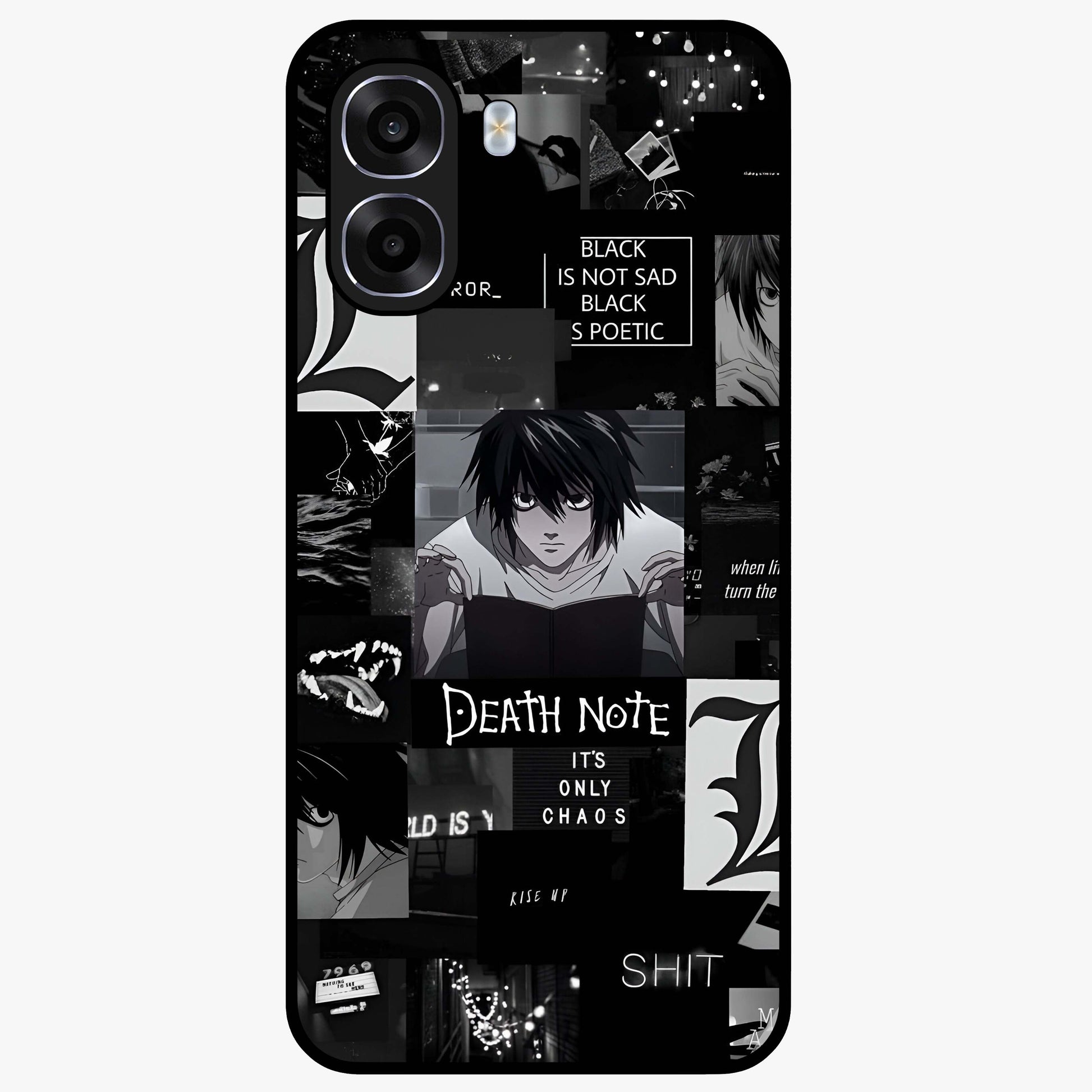 Midnight Chaos Mind Glass Case showing flat back view with abstract dark themed artwork and glossy glass finish.