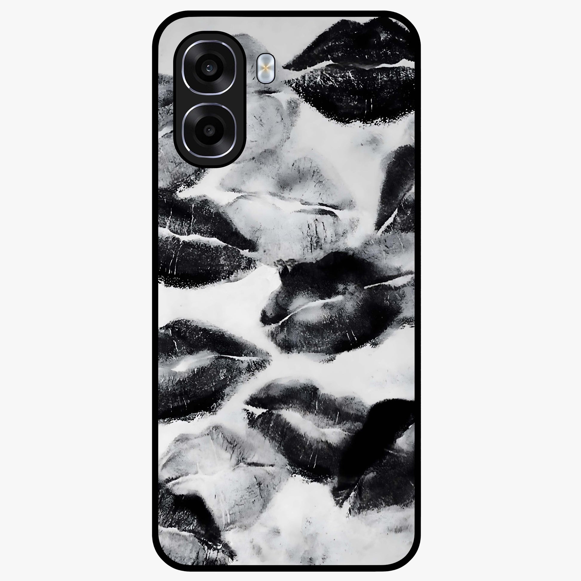 Midnight Kiss Marks Glass Case showing flat back view with lipstick kiss mark artwork and glossy glass finish.