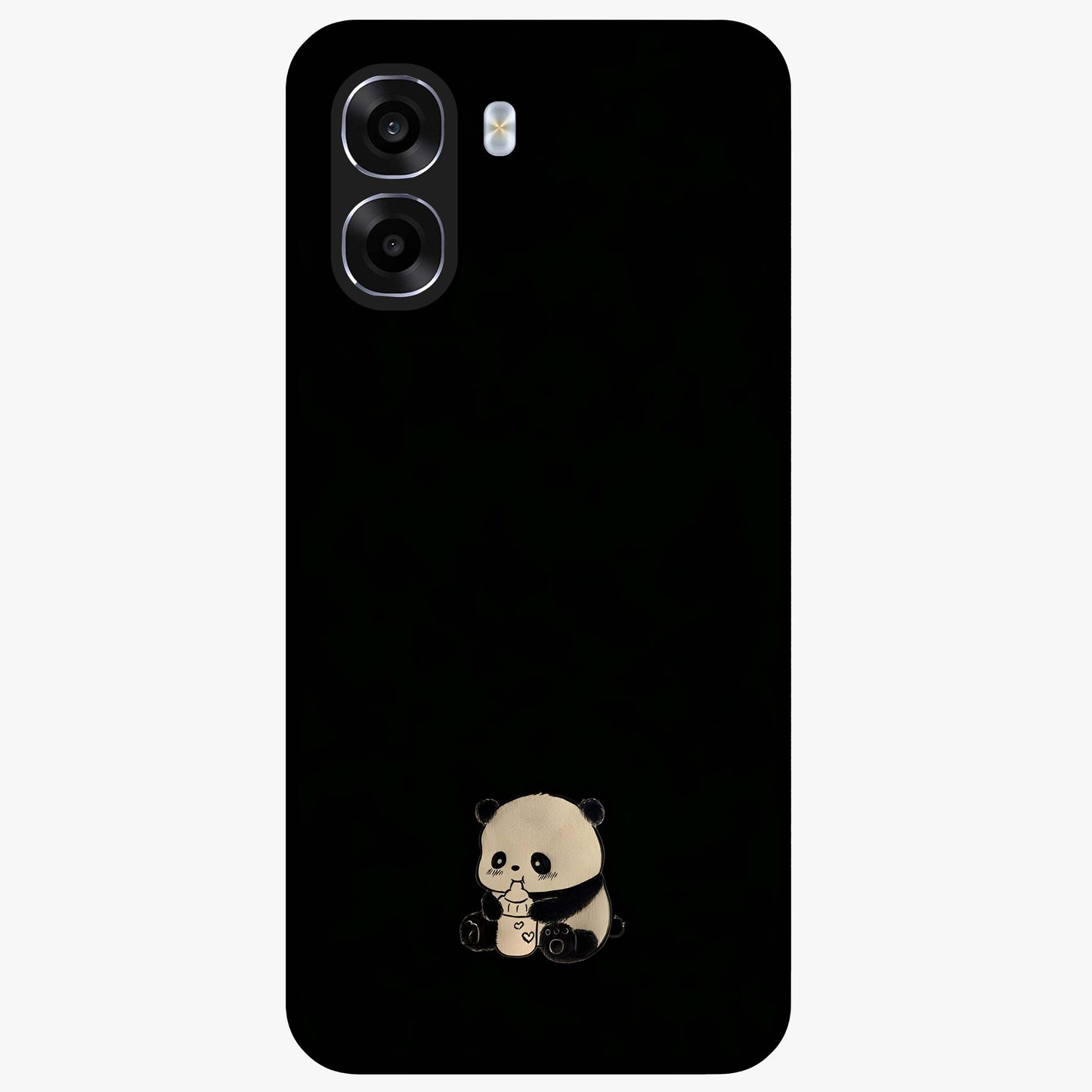 Midnight Panda Love Glass Case showing flat back view with cute panda themed artwork and glossy glass finish.