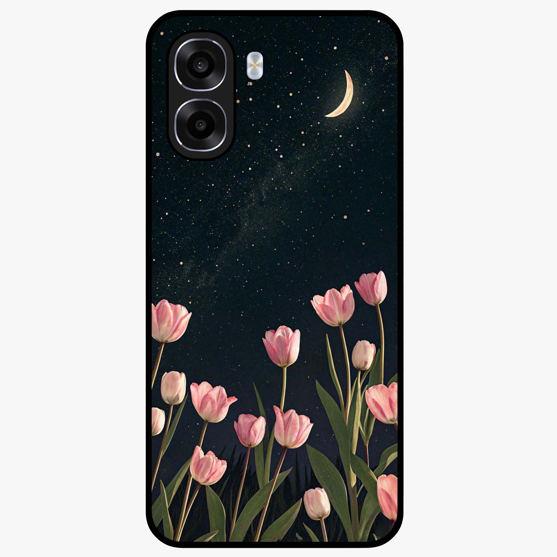 Midnight Tulip Whispers Vibe Glass Case showing flat back view with elegant tulip flower artwork and glossy glass finish.