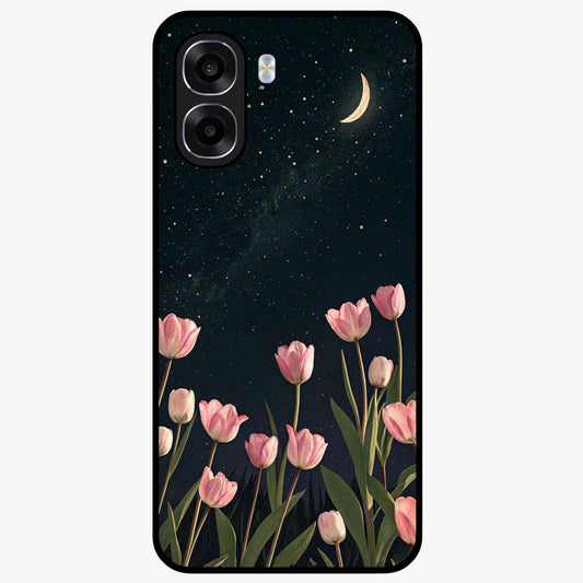 Midnight Tulip Whispers Vibe Glass Case showing flat back view with elegant tulip flower artwork and glossy glass finish.