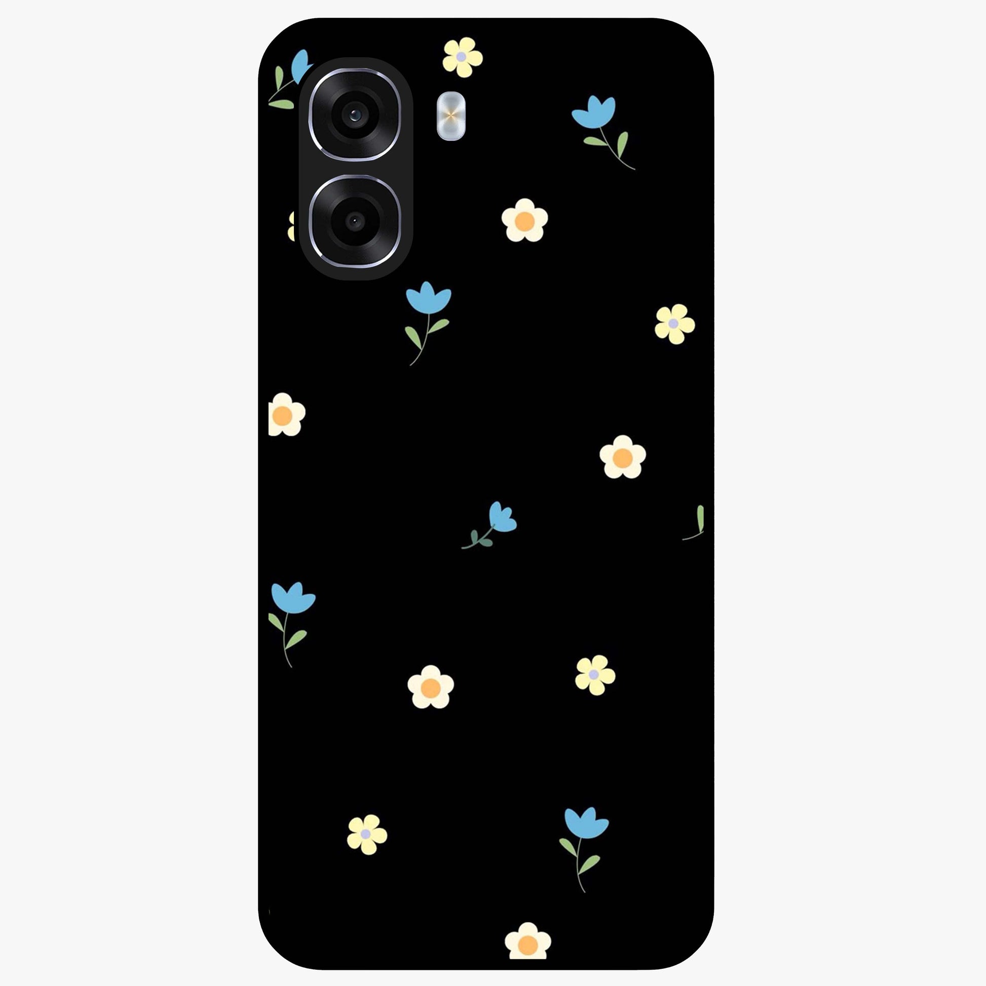 Minimalistic Blue With White Flower Pattern Glass Case showing flat back view with blue background and white flower pattern and glossy glass finish.