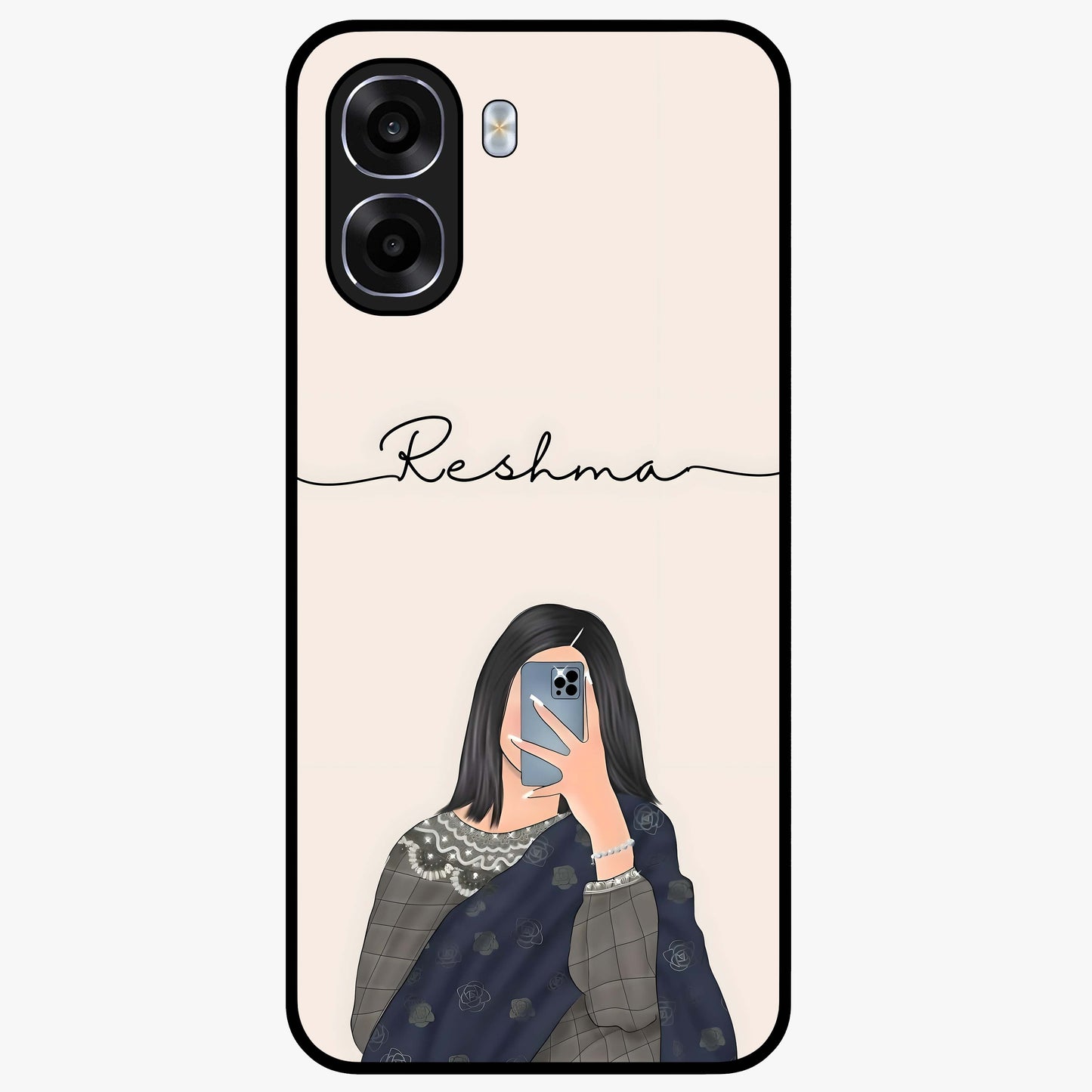 Mirror Mood Muse With Custom Name Glass Case showing flat back view with stylish mirrored artwork and personalized name design.