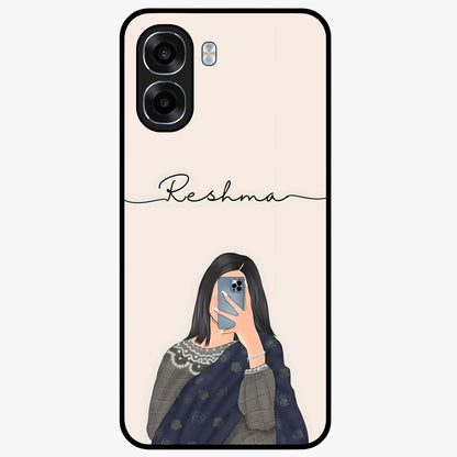 Mirror Mood Muse With Custom Name Glass Case showing flat back view with stylish mirrored artwork and personalized name design.