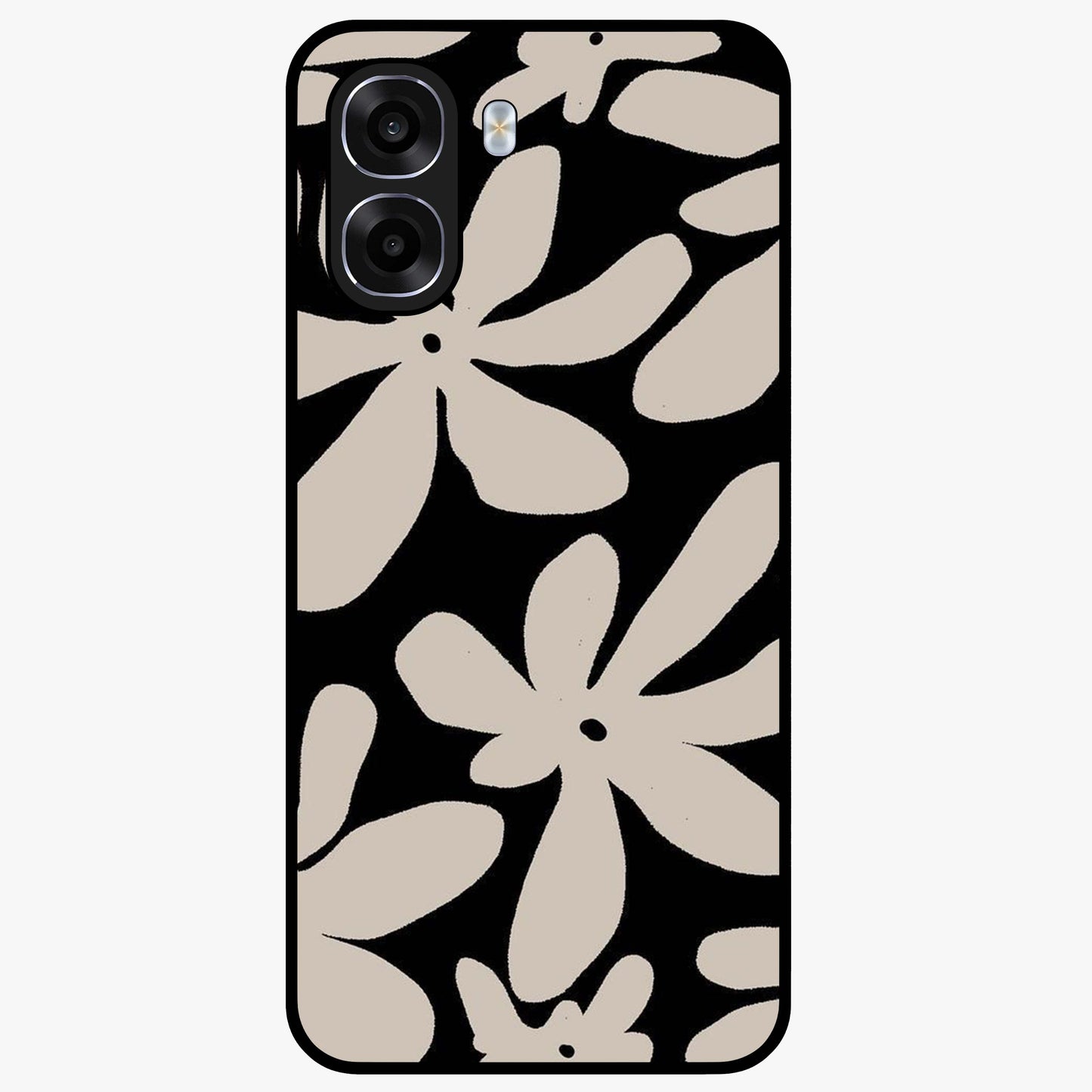 Monochrome Petal Dance Glass Case showing flat back view with monochrome floral artwork and glossy glass finish.