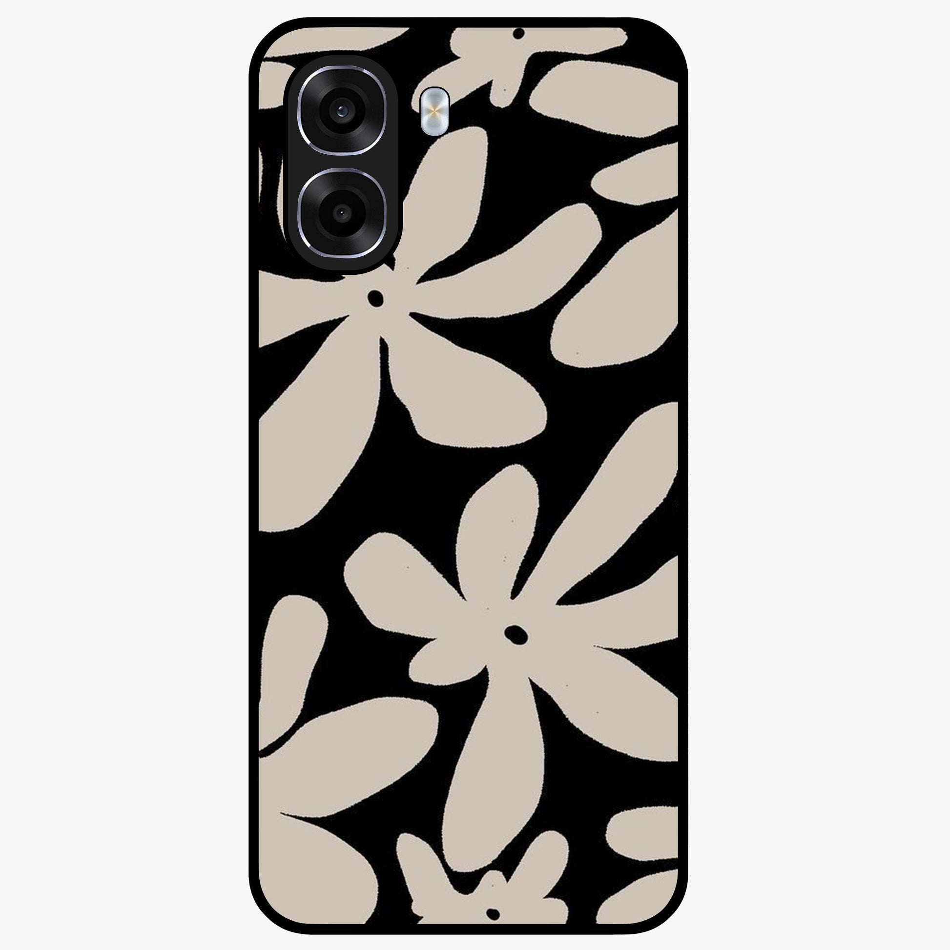 Monochrome Petal Dance Glass Case showing flat back view with monochrome floral artwork and glossy glass finish.