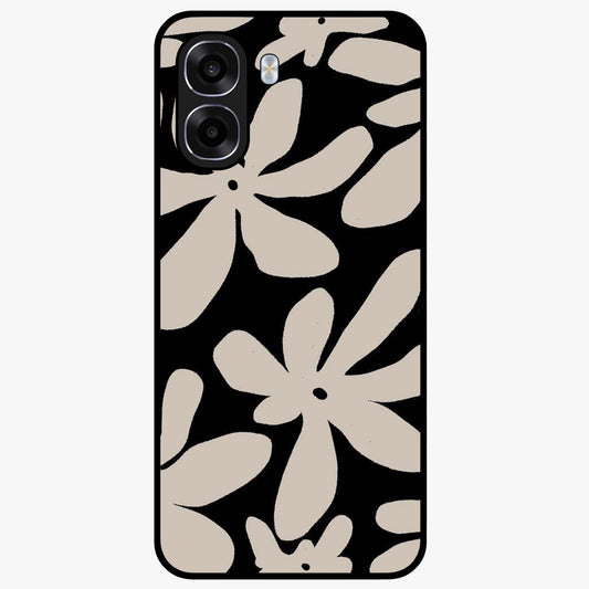Monochrome Petal Dance Glass Case showing flat back view with monochrome floral artwork and glossy glass finish.