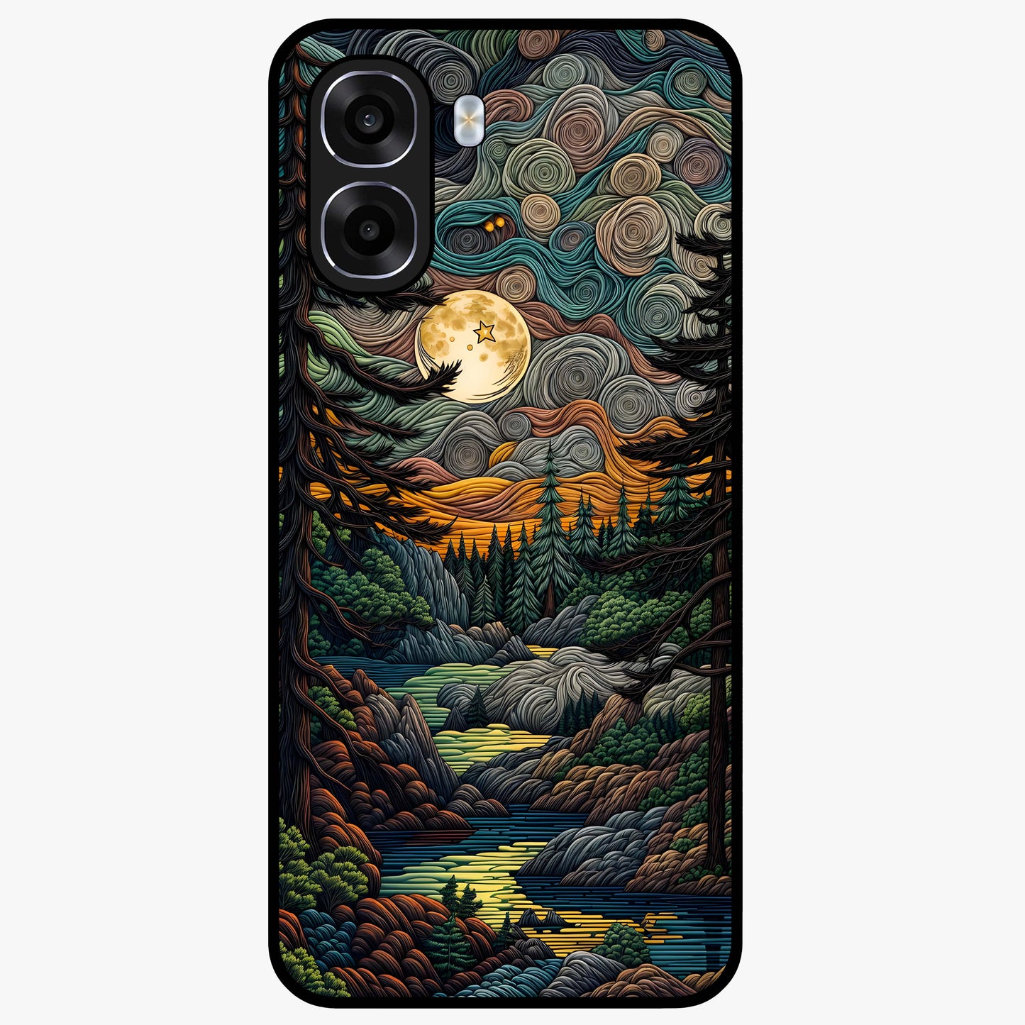 Moonlight Forest Dream Glass Case showing flat back view with mystical forest moonlight artwork and glossy glass finish.