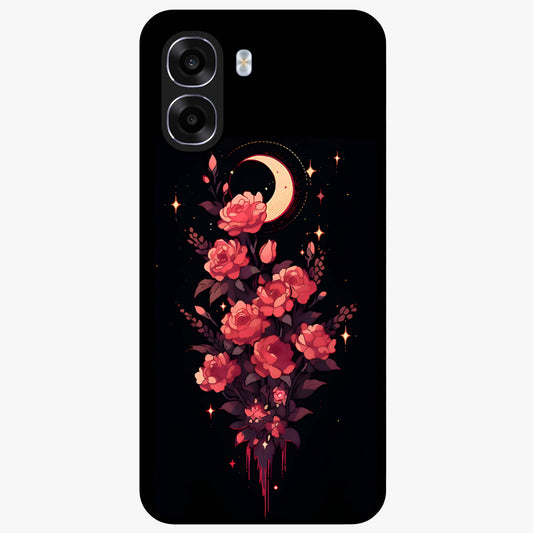 Moonlit Floral Elegance Glass Case showing flat back view with elegant floral artwork under moonlit tones and glossy glass finish.