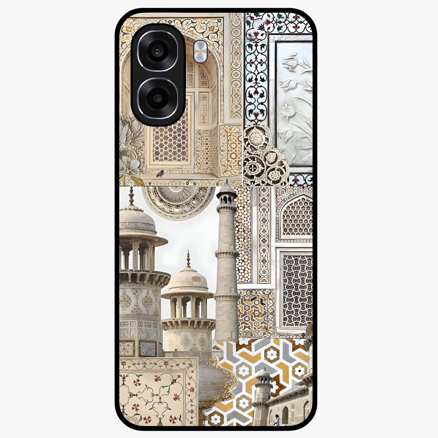 Mughal Marble Legacy Glass Case showing flat back view with intricate Mughal inspired marble pattern and glossy glass finish.