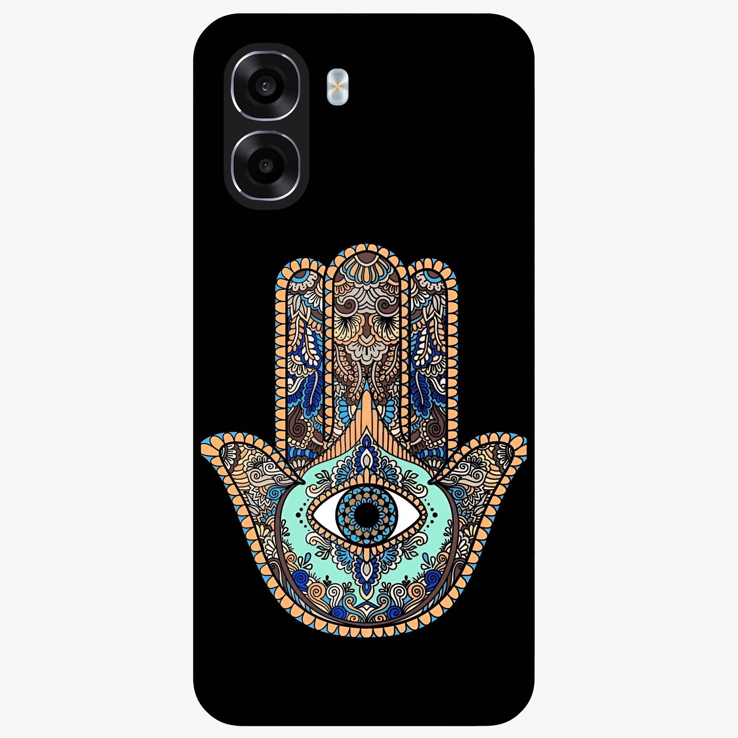 Mystic Hamsa Eye Glass Case showing flat back view with protective hamsa hand and evil eye artwork and glossy glass finish.