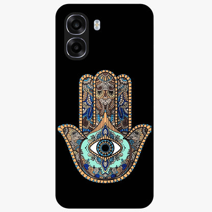 Mystic Hamsa Eye Glass Case showing flat back view with protective hamsa hand and evil eye artwork and glossy glass finish.