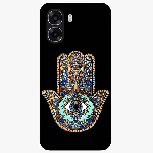 Mystic Hamsa Eye Glass Case showing flat back view with protective hamsa hand and evil eye artwork and glossy glass finish.