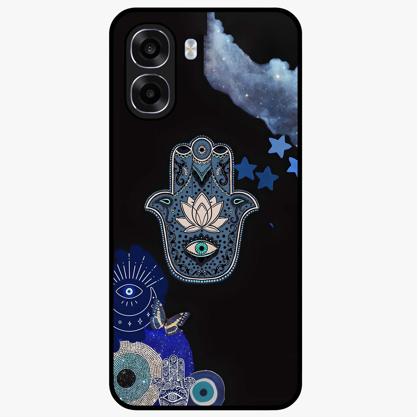 Mystic Hand Aura Glass Case showing flat back view with mystical hand symbol artwork and glossy glass finish.