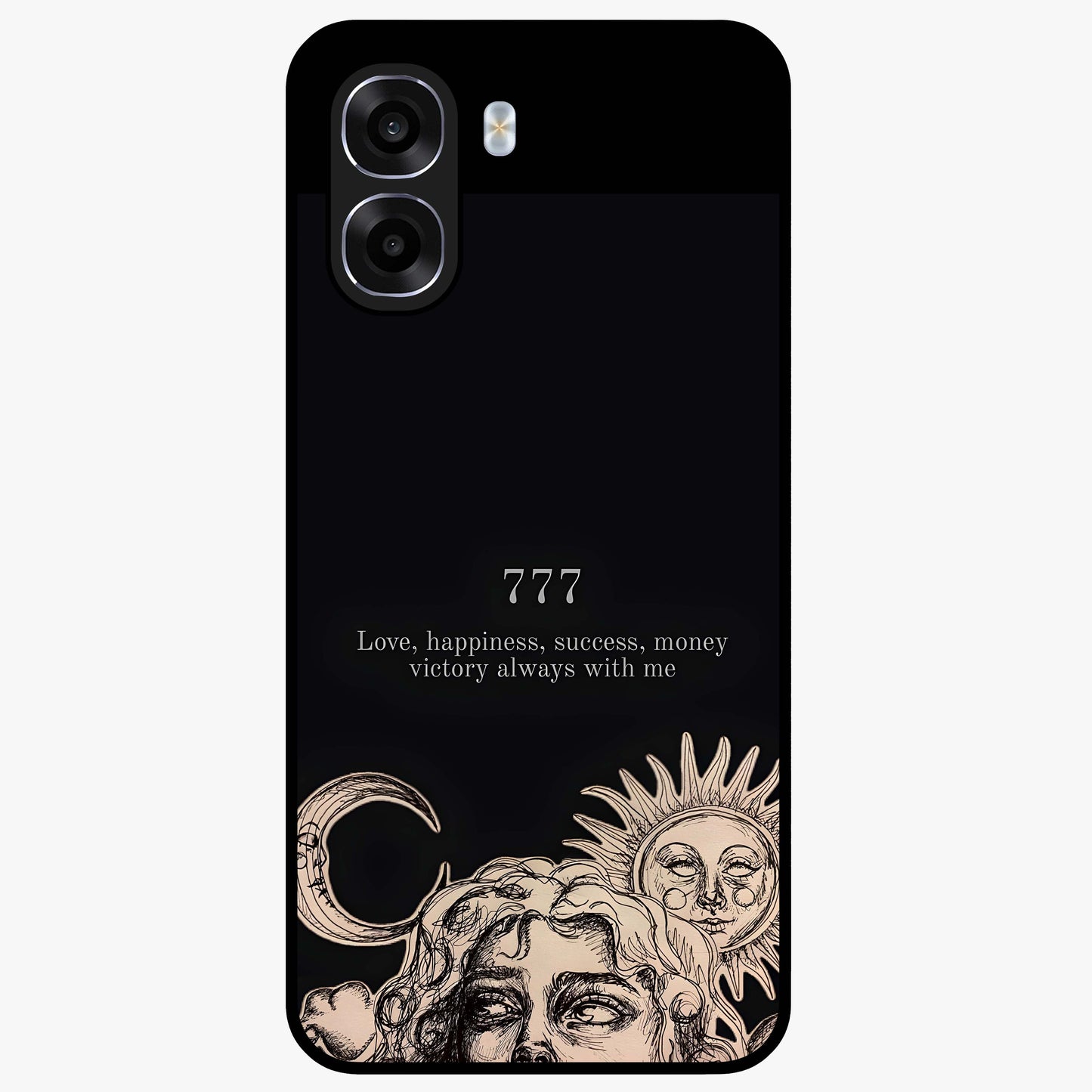 Mystic Victory Aura Glass Case showing flat back view with victory symbol artwork and glossy glass finish.