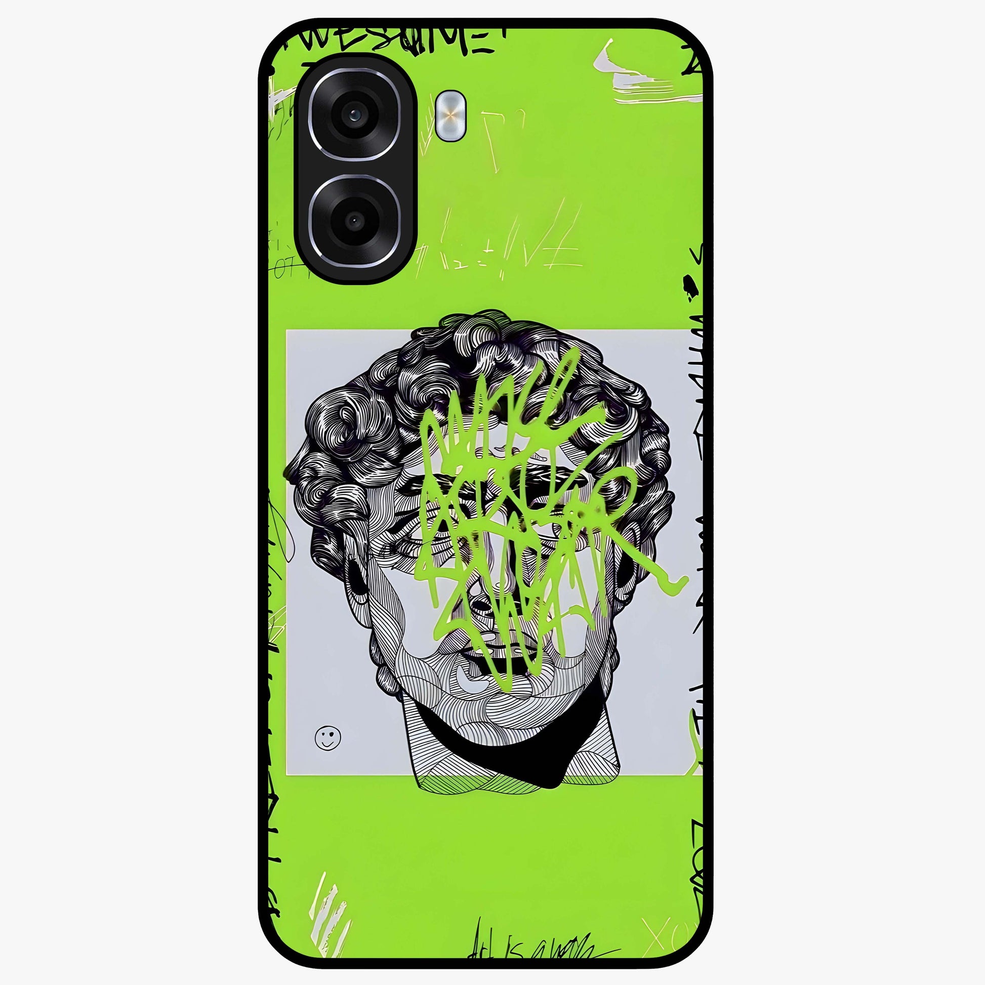 Neo Graffiti Rebellion Glass Case showing flat back view with vibrant graffiti artwork and glossy glass finish.