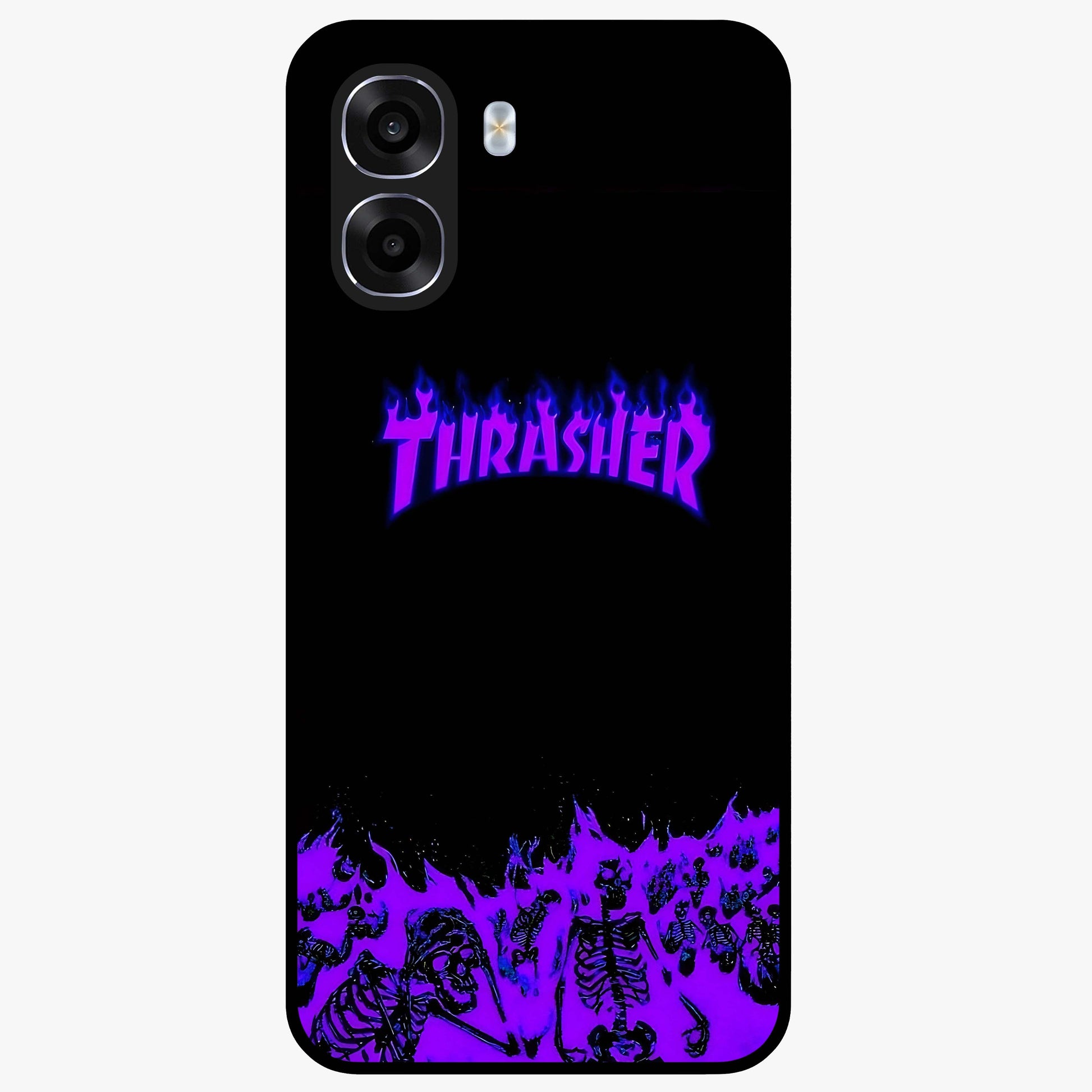 Neon Flame Riot Glass Case showing flat back view with neon flame artwork and glossy glass finish.