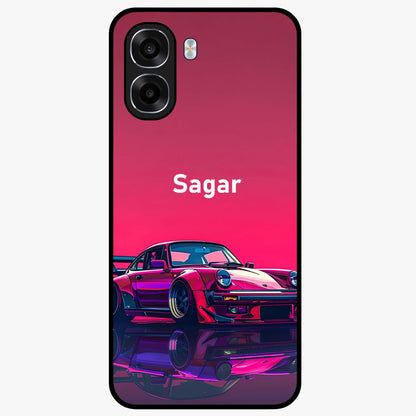 Neon Pink Porsche Glass Case showing flat back view with stylish sports car artwork and glossy glass finish.
