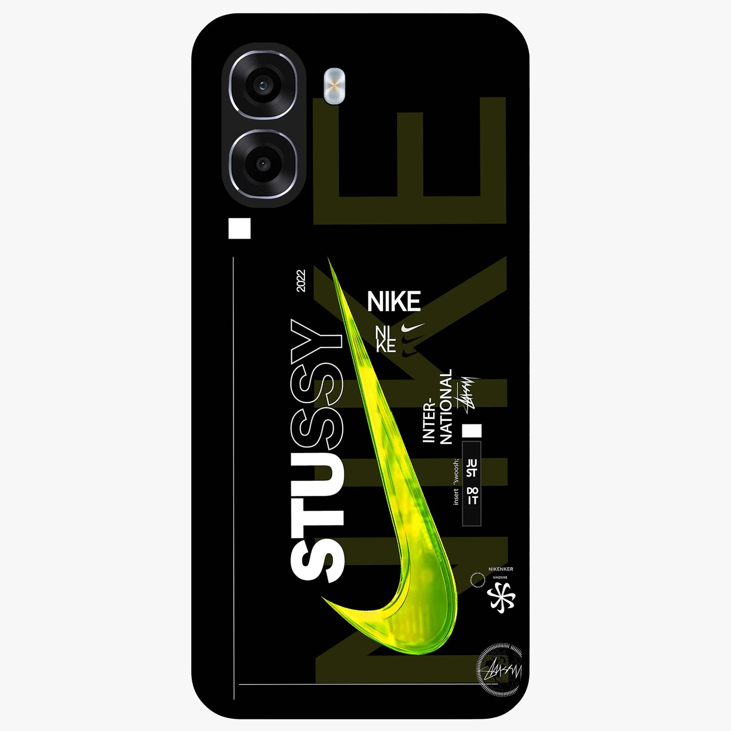 Neon Street Edition Glass Case showing flat back view with neon street style artwork and glossy glass finish.